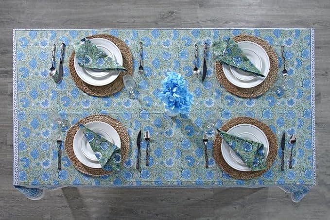 Ridhi Asparagus Green Gadd Hand Block Print Cotton Rectangle Tablecloth 160" x 72" inches Reusable Table Cover Decorative Everyday Use for Dining Room, Farmhouse, Home Gift for Spring, Mother's Day