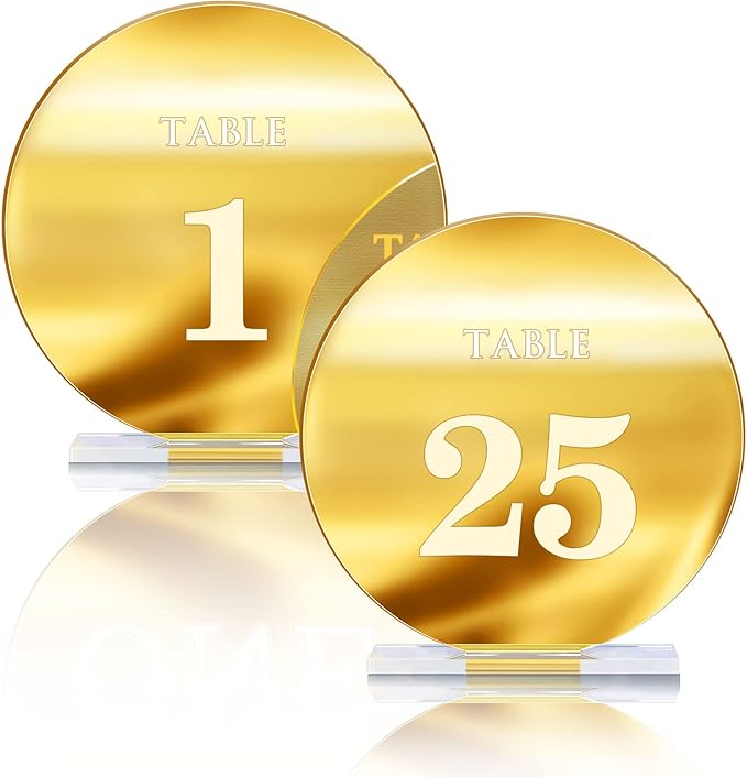 Acrylic Wedding Table Numbers 1-25 with Stands,4.8"Round Mirror Gold Table Number Signs and Holders for Wedding Reception, Party, Event, Centerpiece Decoration