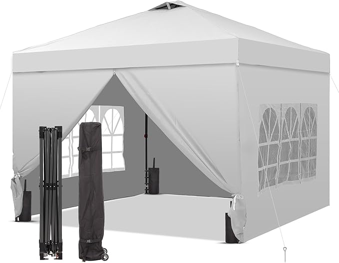 GDY 12x12ft Pop Up Canopy Tent with 4 Sidewalls, with Center Lock, 3-Level Height Adjustment, Wheeled Bag, for Gardens, Poolside, or Patio Lounge Spaces, White