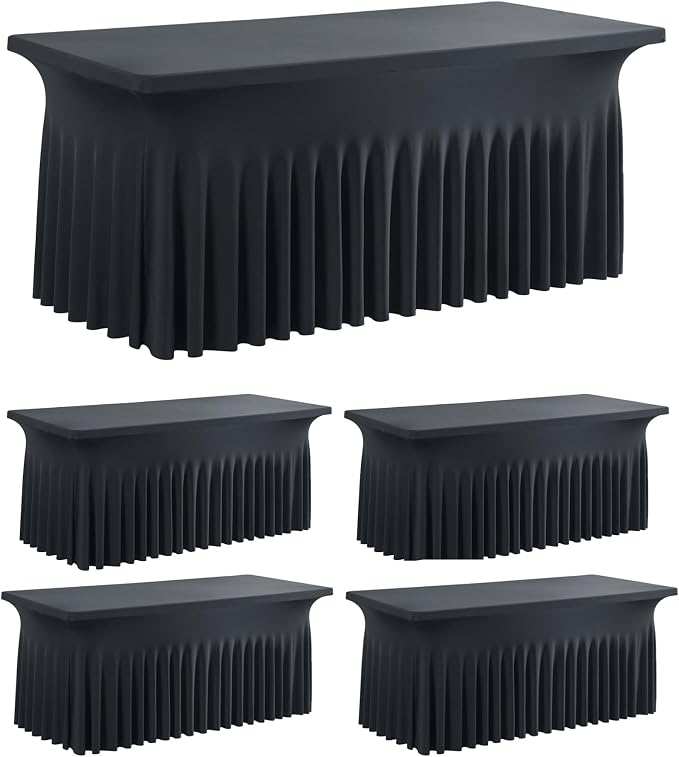 leegleri 4 Pack Black Spandex Fitted Table Clothes for 5 Foot Rectangle Tables, Wrinkle Free 5ft Spandex Table Cover with Skirt-for Banquet Weddings Parties