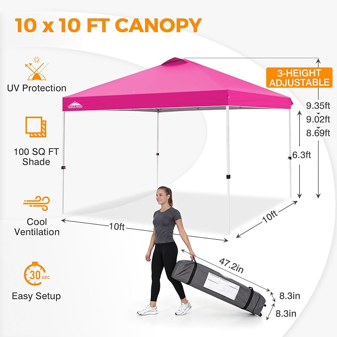EAGLE PEAK Pop Up Canopy Tent with Wheeled Carry Bag, 8 Stakes, 4 Ropes, 4 Weight Bags, Easy Set Up Tent Canopy, 10x10 ft, 100sqft of Shade, Pink