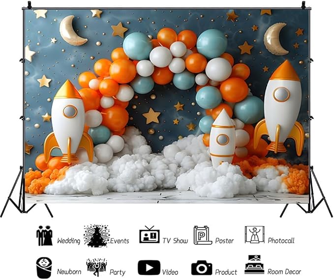 7x5ft Outer Space Backdrop Solar System Themed Party Photo Background Universe Planet Galaxy Rocket Baby Shower Boy Kids Birthday Party Photo Studio Props