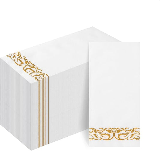Goodluck 100-Pack Linen-Feel Disposable Guest Towels – Soft and Absorbent Paper Hand Towels for Bathroom or Kitchen – Elegant White Napkins with Gold Design for Parties, Weddings, Dinners Events
