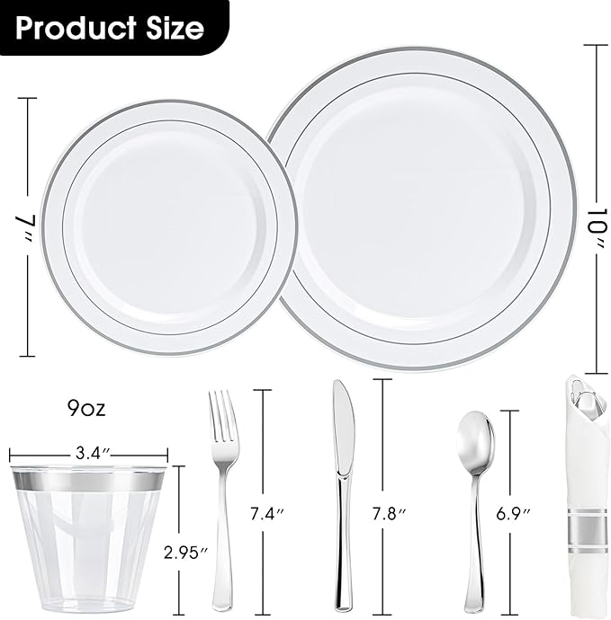 350 PCS White and Silver Plastic Dinnerware Set for 50 Guests, Disposable Party Plates for 50 Guests, Include: 100 Plastic Plates, 50 Pre Rolled Napkins with Silver Silverware, 50 Cups