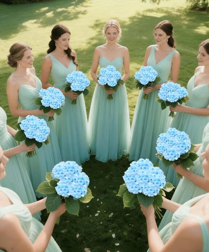 50 Pack Artificial Light Blue Hydrangea Flowers with Leaves, 6 Inch Silk Flower Heads, DIY Mother's Day Wedding Decor Set with 100 Leaves, 50 Stems