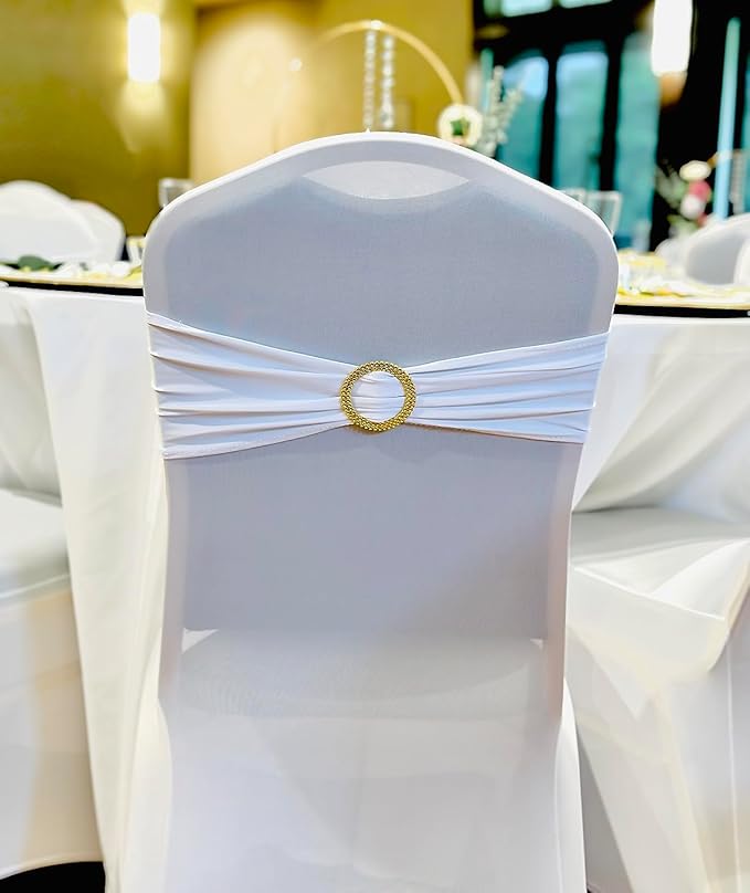 Pack of 50 Spandex White Chair Sashes with Gold Buckles, Stretch Chairs Sashes for Wedding Party Baby Shower Ceremony Event Decorations Chair Bands Bows (White Sashes, Gold Buckles)