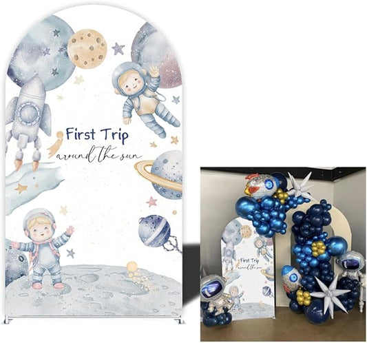First Trip Around The Sun Arch Cover Backdrop Outer Space Astronaut 1st Birthday Party Background Boy Kids Galaxy Planet Rocket,Spandex Curved Top (Stand is not Included) (G4339,3x5ft (W*H))