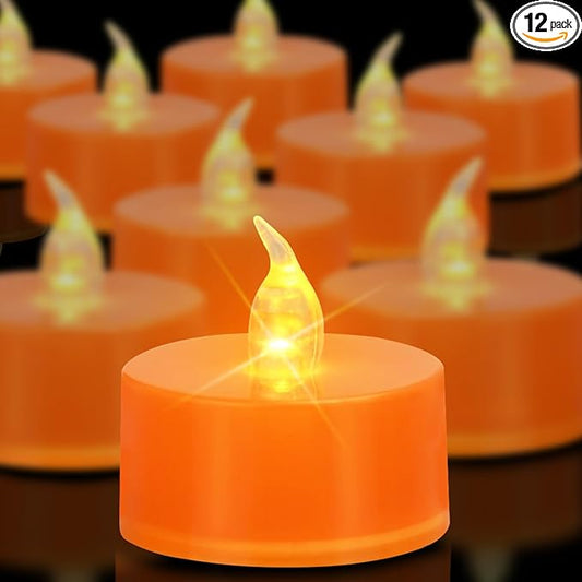 Tea Lights Battery Operated Candles LED Tea Lights Flameless Candles 200+ Hours Flickering Fake Tealights for Sweetest Day Wedding Home Decorations Party (Orange Base, 12 Pack)