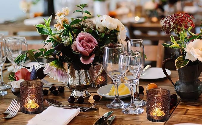 DEVI 24pcs Vintage Amber Votive Candle Holders, Amber Glass Tea Lights Candle Holder for Baby Shower, Boho Wedding Decorations, Vintage Boho Party Home Fall Centerpieces Table Decoration