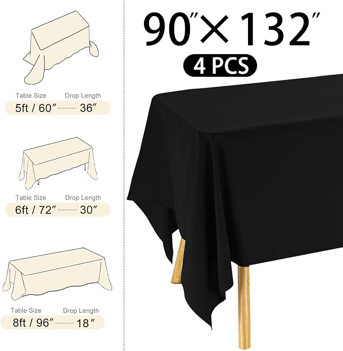 4 Pack Rectangle Tablecloth 90x132Inch Black Washable Polyester Table Cover for Wedding Dining Table Buffet Parties Banquet Decoration（Black）