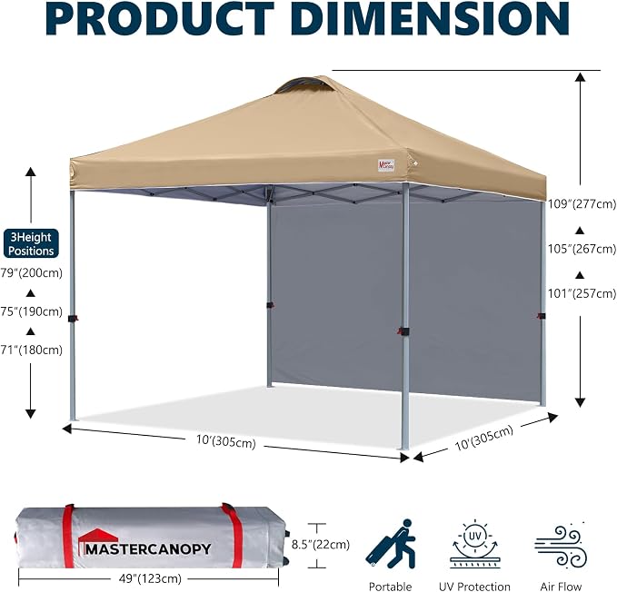 MASTERCANOPY 10x10 Pop Up Canopy Tent with 1 Sidewall, 1 Person Setup Instant Shelter, Outdoor Portable Beach Canopy, 1 Roller Bag, 4 Sandbags, 4 Ropes, 8 Stakes (10x10, Sand)