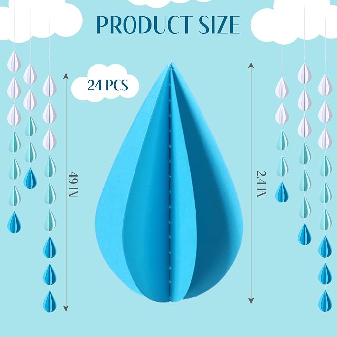 Amyhill 30 Pcs Artificial Cloud Raindrop Props 6 Pcs 3D Fake Clouds 24 Raindrop Garlands Room DIY Decorative Hanging Ornament Blue Hanging Rain Drops Decor for Baby Shower Birthday Wedding Party