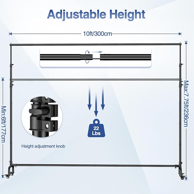 EMART 10x7.7ft Rolling Backdrop Stand with Wheels, Adjustable and Movable Photo Backdrop Banner Stand for Studio Photography, Wedding, Party Decoration, Video Recording, Events Decoration