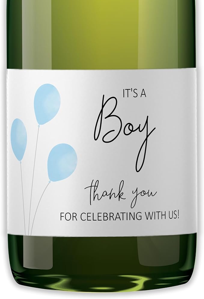 It’s a Boy Mini Champagne Bottle Labels ● SET of 12 ● She’s Ready To POP Baby Shower Favor Label, About to POP Thank You Favors, Blue Boy Baby Shower Gender Reveal Waterproof (Balloons)