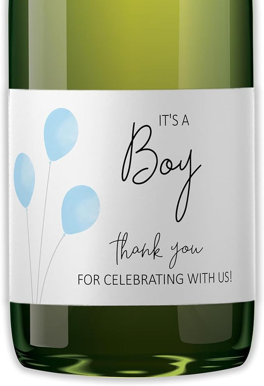 It’s a Boy Mini Champagne Bottle Labels ● SET of 12 ● She’s Ready To POP Baby Shower Favor Label, About to POP Thank You Favors, Blue Boy Baby Shower Gender Reveal Waterproof (Balloons)