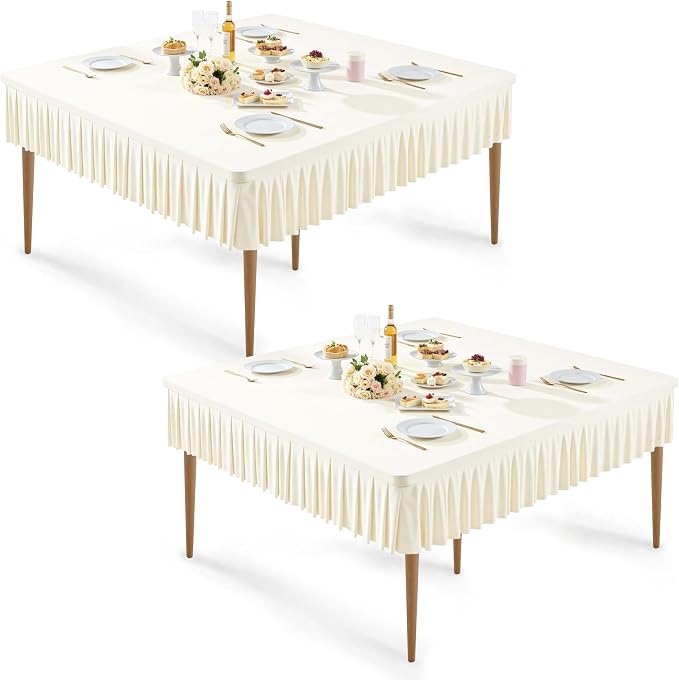 Wish Care 2 Pack Ivory Spandex Tablecloths for 54x54 Inch Square Tables, Stretch Fitted Table Clothes with Pleated Ruffle Skirt for 54” Table, Wrinkle Free and Elastic, for Party Kitchen Home Dining