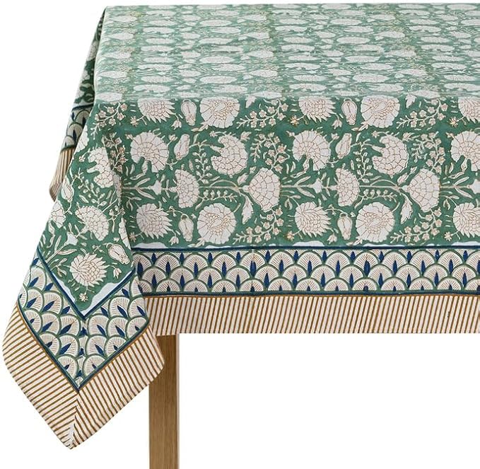 Ridhi Turquoise Moss Green Hand Block Print Cotton Rectangle Tablecloth 118" x 70" inches Reusable Table Cover Decorative Everyday Use for Dining Room, Farmhouse, Home Gift for Spring, Mother's Day