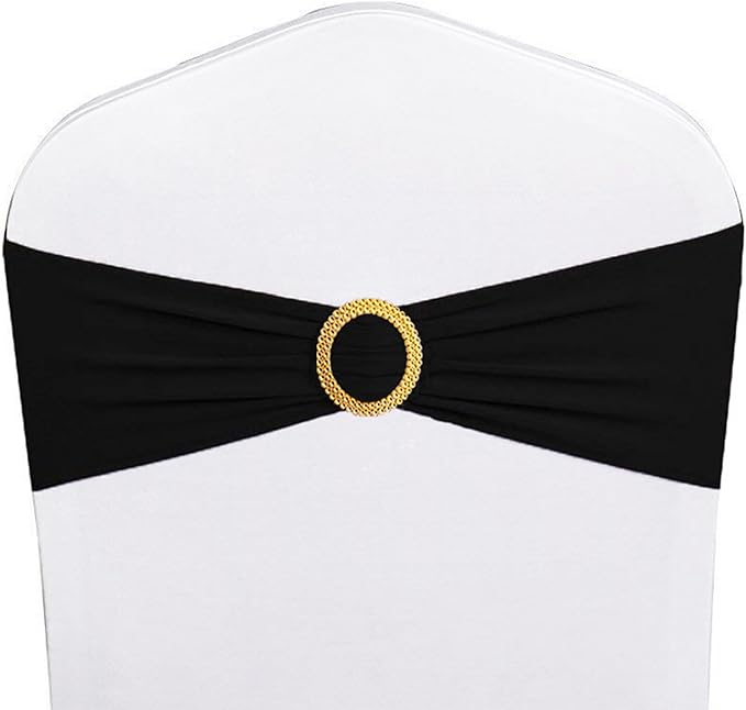 Pack of 50 Spandex Black Chair Sashes with Gold Buckles, Stretch Chairs Sashes for Wedding Party Baby Shower Ceremony Event Decorations Chair Bands Bows (Black Sashes, Gold Buckles)