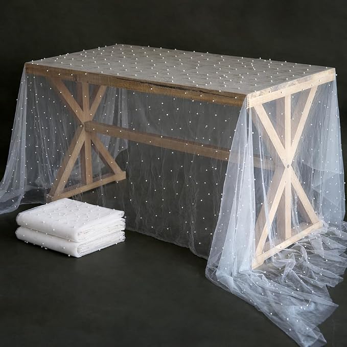 Set of 2 Table Runner 63" X 120" Wedding Veil White Dessert Tablecloth Chiffon Tulle Pearl Lace Boho Glitter Table Sequins Overlay Wedding Aisle Runner Denim and Diamonds Party Decorations Doilies