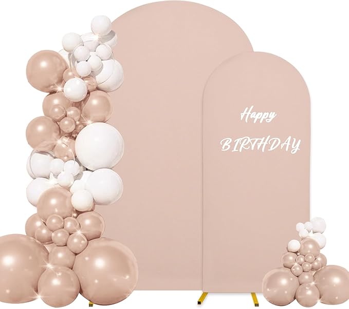 Set of 2 Wedding Arch Cover 2-Sided Round Top Spandex Fitted Arch Backdrop Cover for Birthday Party Baby Shower Wedding Arch Stand Decor（7.2FT, 6FT, Cameo Brown）