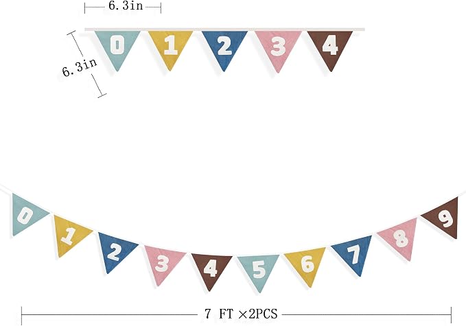 2 Sets of Retro Colored Pennant Banner 20Pcs Nursery Garland Flags Numbers 0-9 Fabric Linen Triangle Streamers for Kids Birthday Baby Shower Party Decorations Classroom Baby Room Math Learning Decor