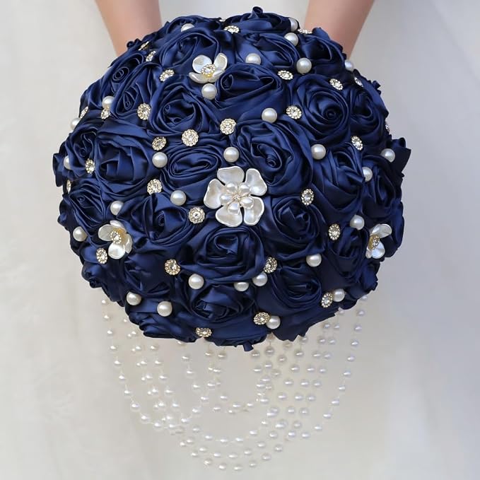 Navy Blue Bridal Wedding Bouquet with Rhinestone Brooch Pearl String Cascade Bouquet for Bride Bridesmaid Quinceanera Satin Rose Artificial Flower Bouquet Wedding Navy Blue 7.5in