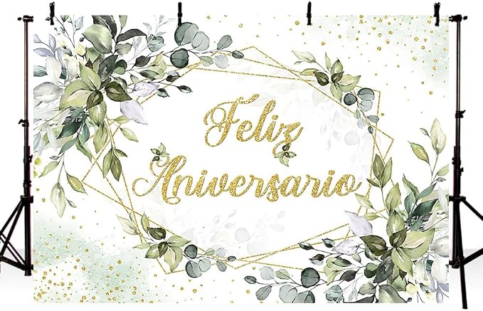 MEHOFOND 7x5ft Feliz Aniversario Backdrop Palm Leaves Happy Anniversary Wedding Valentines Mr and Mrs Background Engagement Party Banner Decorations for Photobooth Props
