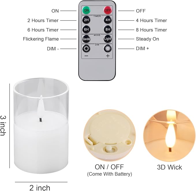 VIODAIM 6Pack Glass Flickering Flameless Candles with Remote, 2"X3" Real Wax Votive Candles Battery Operated, Small Electric LED Candles for Wedding Home Decor, w/4 Timers+2 Lighting Modes [Clear]