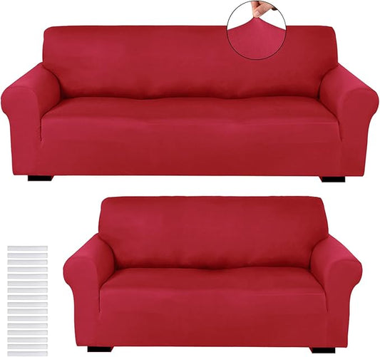 Peryiter 2 Pcs Sofa Covers Couch and Loveseat Covers Set Stretch Sofa Slipcover for Living Room Armchair Furniture Protector, Wrinkle Proof(Christmas Red,Milk Silk)