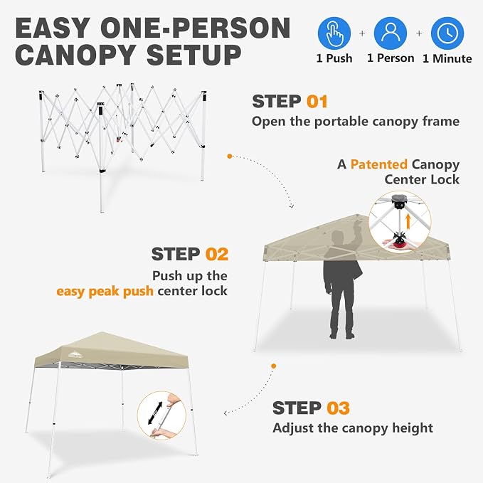 EAGLE PEAK 10x10 Slant Leg Pop-up Canopy Tent Easy One Person Setup Instant Outdoor Beach Canopy Folding Portable Sports Shelter 10x10 Base 8x8 Top (Light Beige)