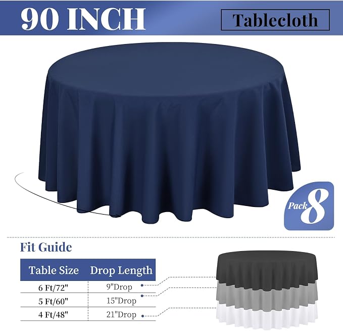 fani 8 Packs Navy Blue Round Tablecloth - 90 Inch, Premium Polyester Table Cloth for Round Tables, Washable Fabric Table Covers for Wedding, Party, Banquet, Dining Tables and Camping
