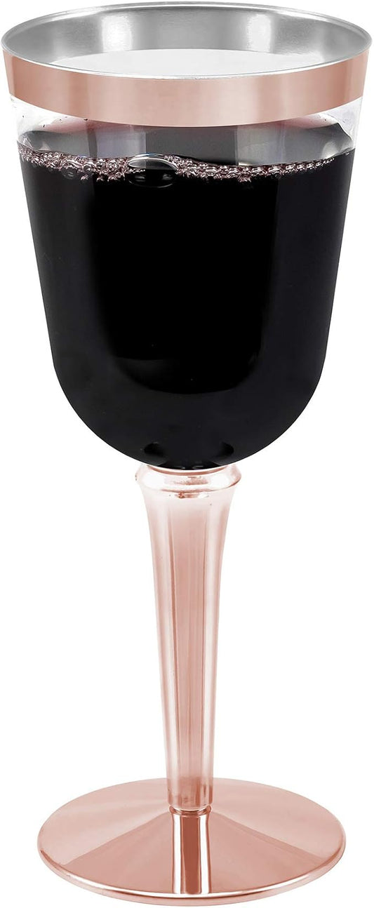 BloominGoods 50 Rose Gold Rimmed Disposable Plastic Wine Glasses | Large 10 oz. Premium Clear Hard Plastic Fancy Wine Cups for Weddings & Events (50-Pack)
