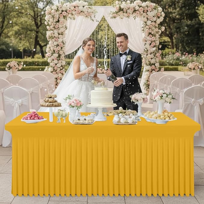 Smiry Spandex Tablecloth, Elastic Fitted Stretch Tablecloth for 8FT Rectangle Tables, Waterproof Washable Table Cover Skirt for Outdoor, Wedding, Banquet & Parties (Mustard Yellow, 96Lx30Wx30H Inch)
