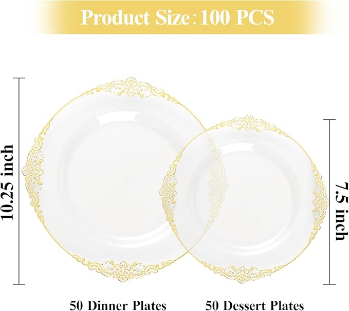 Bestluck 100 PCS Clear and Gold Plastic Plates for 50 Guests, Clear Disposable Plates Include 50 PCS Dinner Plates, 50 PCS Dessert Plates for Party, Wedding