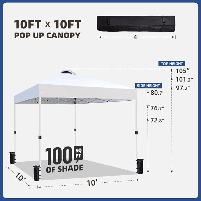 10x10 Pop Up Canopy Tent, One Push Center Lock Instant Setup Folding Shelter, High Strength Steel Frame and Handheld Carry Bag, Ground Stakes and Wind Ropes for Camping, Parties, White