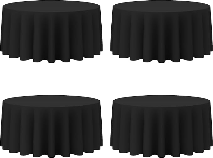 BRILLMAX 4 Pack Black Round Tablecloths 132 Inch for 72” Tables - 150 GSM Polyester Fabric, Floor Length Drop, Water, Stain & Wrinkle Resistant Cloth Cover for Wedding Reception Banquet Dining
