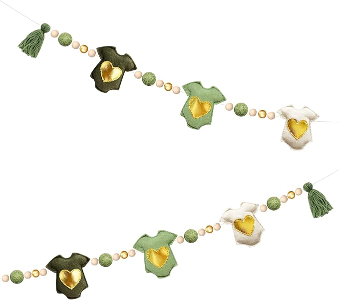 Sage Green Gold Baby Clothes Decorations Handmade Pre-Strung Felt Baby Clothes Banner Wool Felt Ball Wooden Bead Garland for Neutral Baby Shower Gender Reveal Party Nursery Fireplace Home Decor