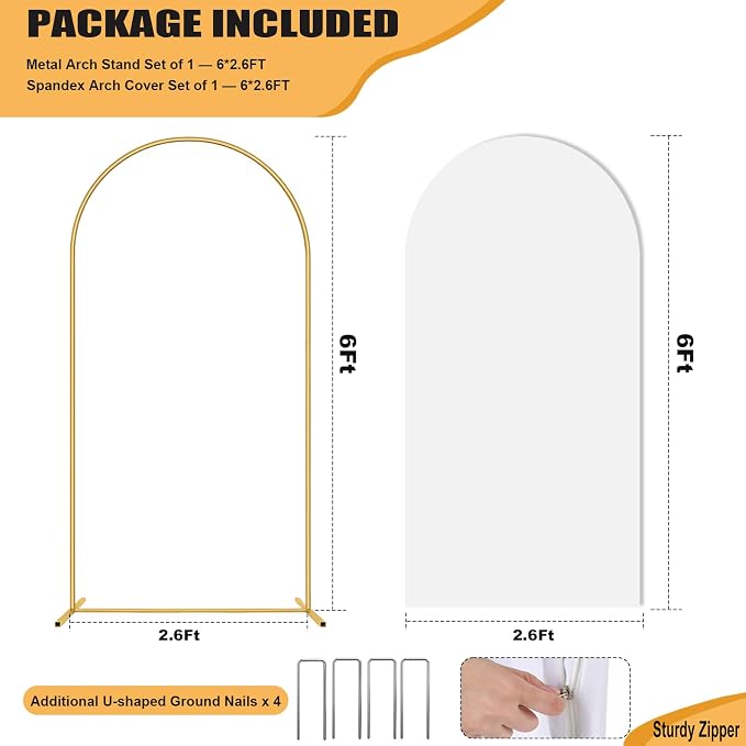 6FT Arch Backdrop Stand and Cover Set, Metal Arch Stand & Cover Set with Ground Nails White Spandex Fitted Arch Covers Stretchy Backdrop with Zipper for Wedding Birthday Party Baby Shower Banquet