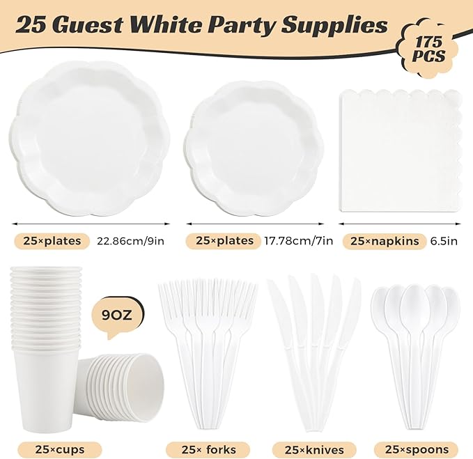 NatNarr 175 Pcs White Plates and Napkins Set, 25 Guest White Party Supplies Include Scalloped Plate Paper Napkin Cup Forks Knives Disposable Plastic Cutlery for Wedding Baby Shower Birthday Party