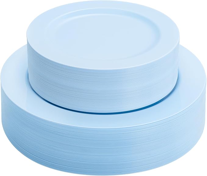 FLOWERCAT 60PCS Light Blue Heavy Duty Plastic Disposable Party Plates Set – 30pcs 10.25″ Dinner & 30pcs 7.5″ Dessert Plates – Durable Blue Tableware for Easter Parties, Wedding, BBQ & Baby Shower