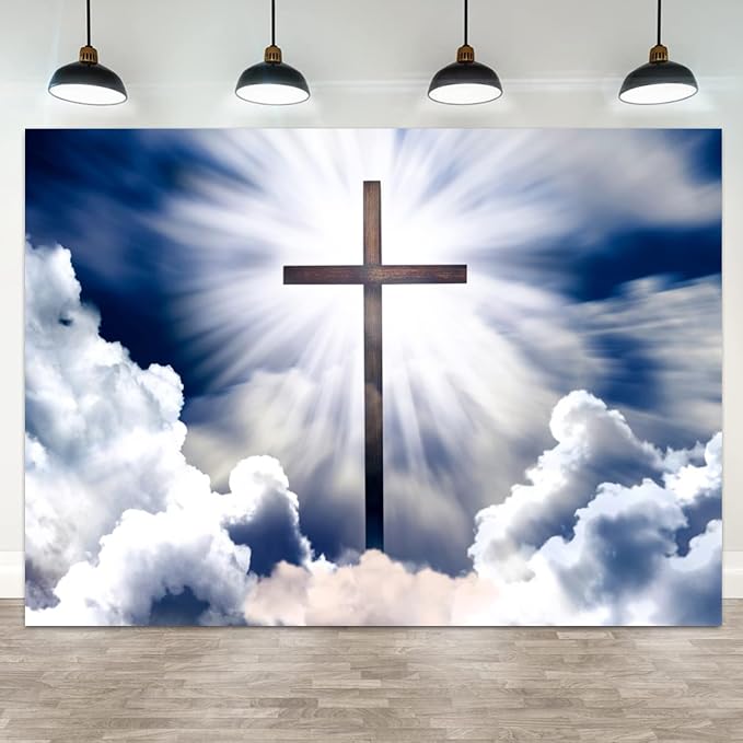 5x4ft Heavenly Cross Backdrop Blue Sky Cloud Photography Background Holy Crucifix Jesus Christ Religious Pray Church Event Easter Banner Decorations Baby Shower Portrait Photo Booth Prop