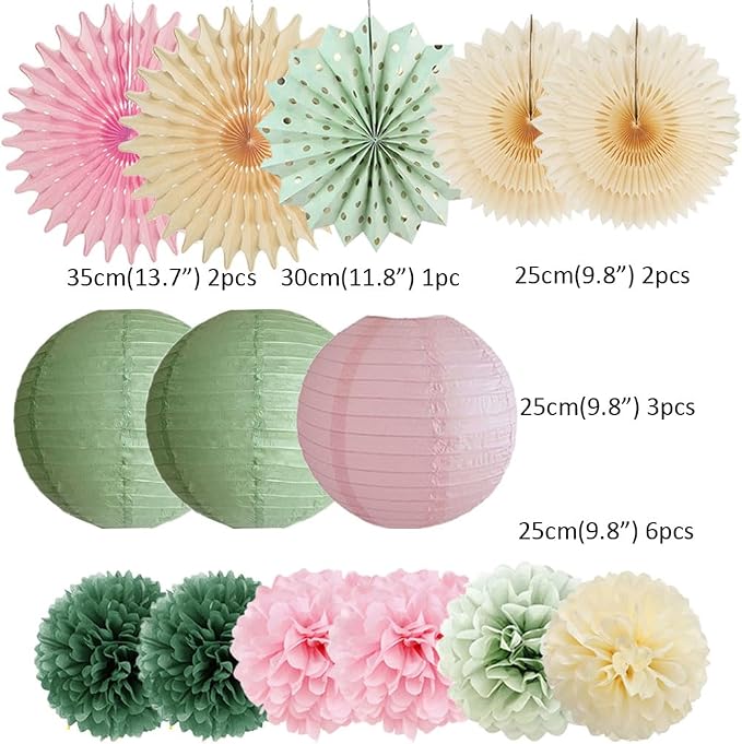 Sage Green and Pink Party Decorations Baby Shower Girl Olive Green and Light Pink Birthday Decorations Paper Lanterns Sage Beige Fans Pom Poms for Bridal Shower Wedding Engagement Nursery Decor
