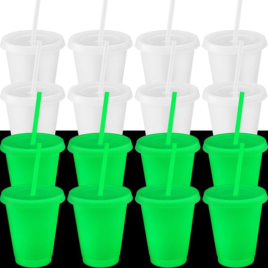 Honeydak 15 Pack 16 oz Glow in The Dark Cups Gift Bulk Light up Neon Plastic Tumbler with Straw and Lid Glow in The Dark Party Supplies Water Bottle Iced Coffee Mug Reusable (Fluorescent Green)
