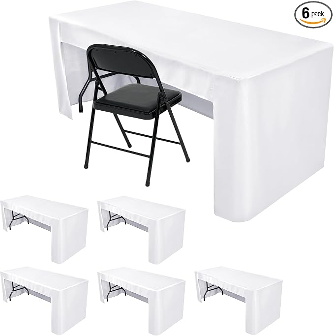 HolidayIdeas 6-Pack 6ft Open Back Fitted Tablecloths for Craft Shows White | 3-Sided coverage wrinkle resistant tablecloths for vendor booths,banquet events,outdoor pop-up shop