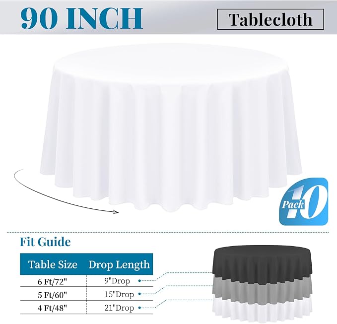 Fani 10 Pack 90 Inch White Round Polyester Tablecloths, Stain & Wrinkle Resistant, Perfect for 5ft to 6ft Round Tables