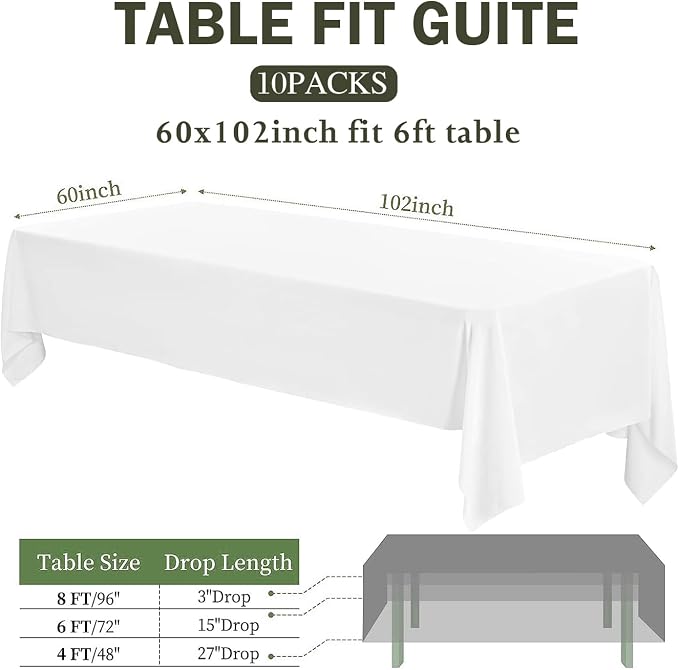 10 Pack White Table Cloth Rectangle 60 x 102 Inch, Rectangle Tablecloth for 6ft Tables, Stain and Wrinkle Resistant Polyester Washable Fabric Tablecloth for Wedding Banquet, Restaurant, Parties