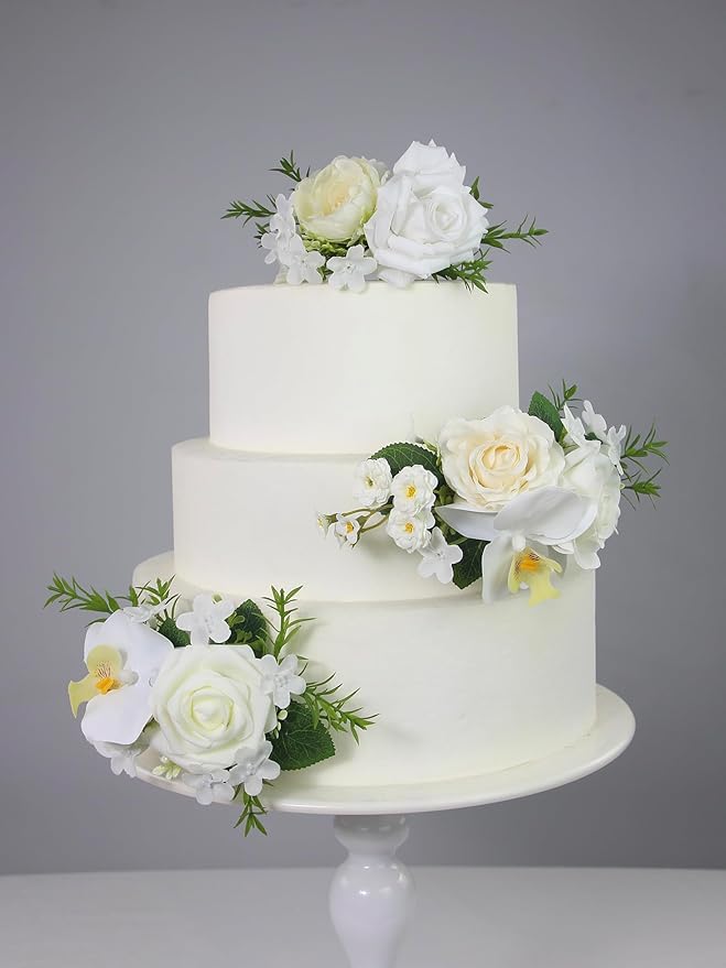 Rinlong 3Pcs Pre-made White Orchid Cake Flowers Cake Toppers Decorations Wedding Cake Decorating Flowers Decor Birthday Baby Shower Party Artificial Flower Cake Topper Flower Arrangements