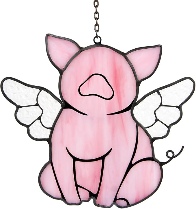 Flying Pig Suncatcher, Stained Glass Window Hanging Decor, Handmade Gift for Pig Lovers Women Mom - Funny Animal Party & Nursery Decoration