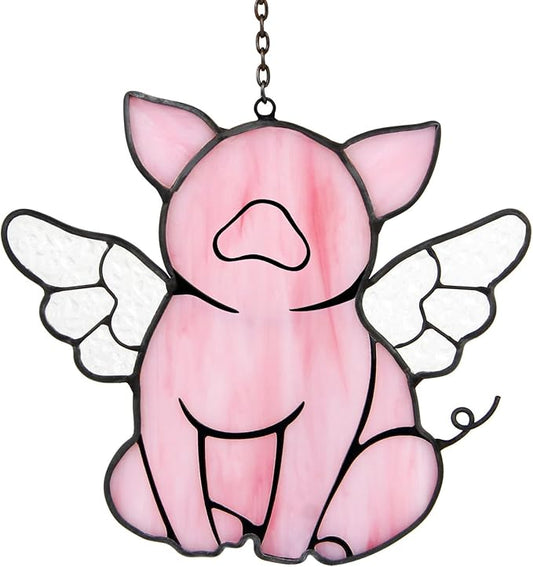 Flying Pig Suncatcher, Stained Glass Window Hanging Decor, Handmade Gift for Pig Lovers Women Mom - Funny Animal Party & Nursery Decoration