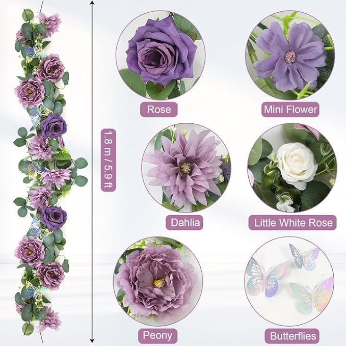 5.9 FT Artificial Eucalyptus Flower Garland with Butterflies - Pack of 1 Fake Rose Garland Faux Greenery Eucalyptus Garlands for Wedding Table Backdrop Arch Centerpieces Decorations - Purple